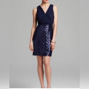 NWOT SZ 0 Laundry by Shelli Segal Navy and Black Sequined V neck sheath.